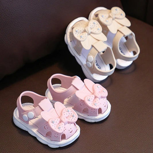 Baby sandals with bow - Pink and beige colors for babies 0 to 24 months.