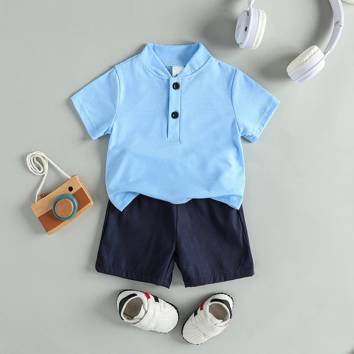 Boys' outfit - cyan blue short-sleeved t-shirt and navy blue shorts - BabyStyle