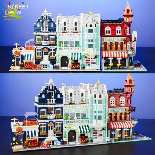 Cafeteria building kit in blocks - detailed architectural design with furniture.