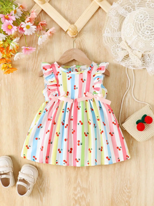 Girls' Sleeveless Summer Dress | Cherry Striped Print with Bow Detail - Breathable & Cute