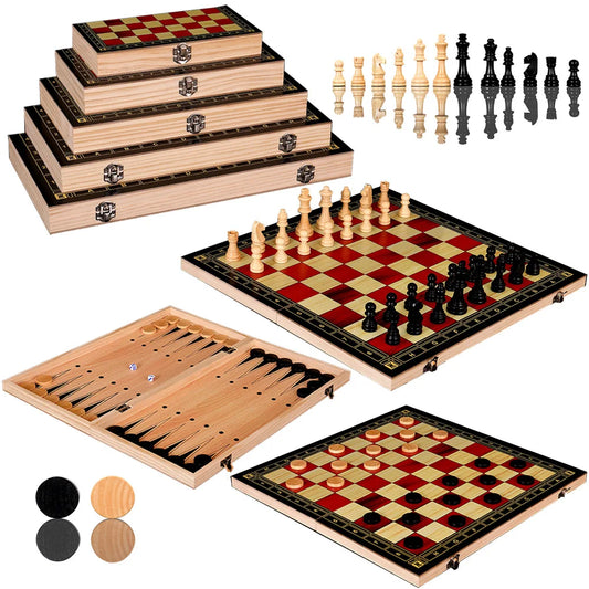 Heirloom Wooden Chess & Board Games Set | Classic Checkers and Backgammon in One