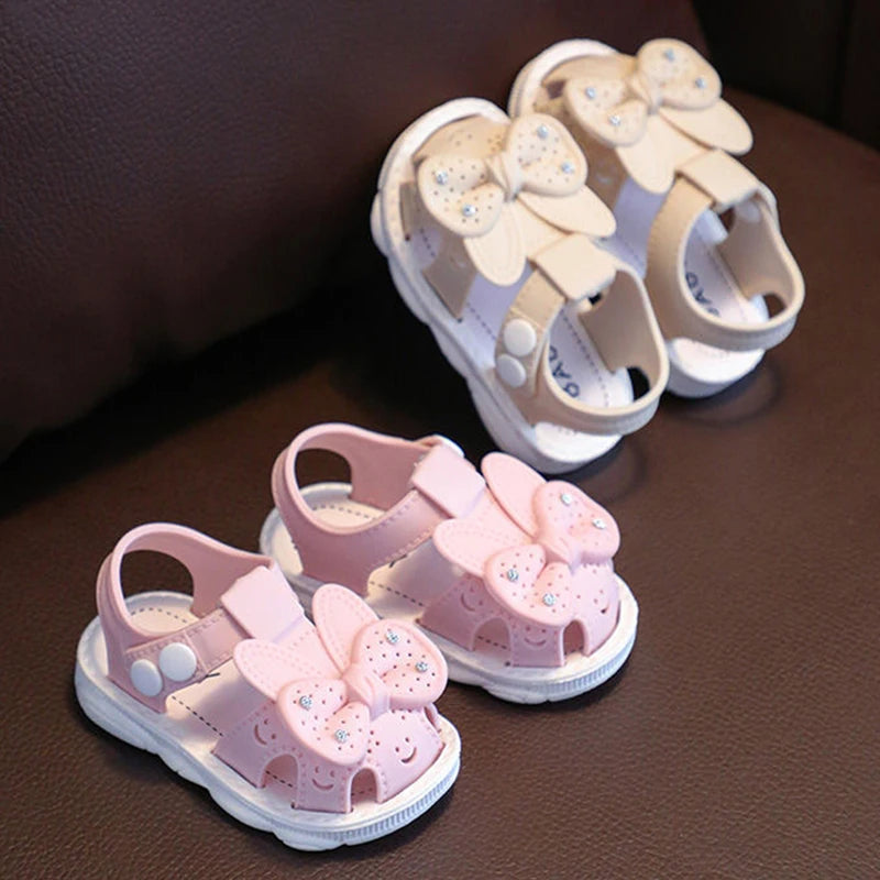 Baby sandals with bow - Pink and beige colors for babies 0 to 24 months.