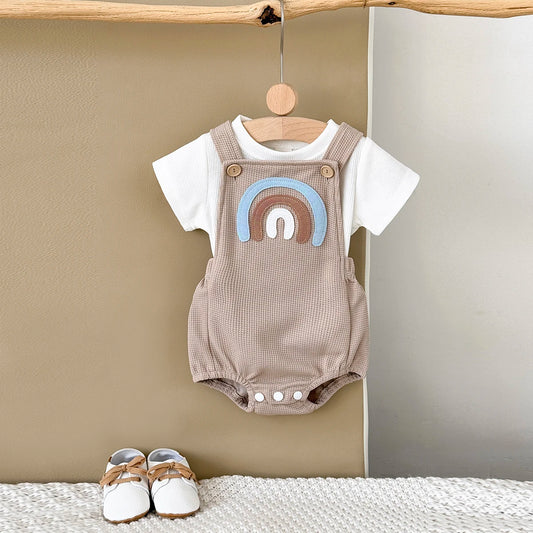Children's summer outfit - suspender jumpsuit with striped t-shirt and rainbow patch.