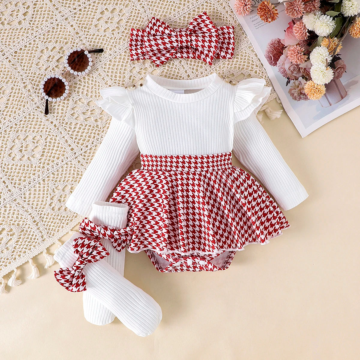 Newborn Girl's 3-Piece Autumn Set | Cosy Top & Houndstooth Skirt with Hairband 0-3 Months