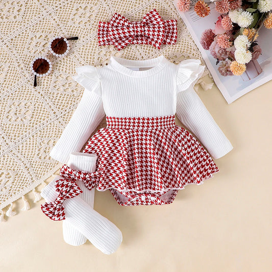 Newborn Girl's 3-Piece Autumn Set | Cosy Top & Houndstooth Skirt with Hairband 0-3 Months