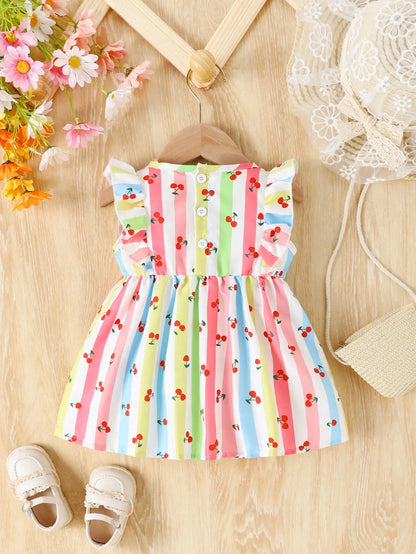 Girls' Sleeveless Summer Dress | Cherry Striped Print with Bow Detail - Breathable & Cute