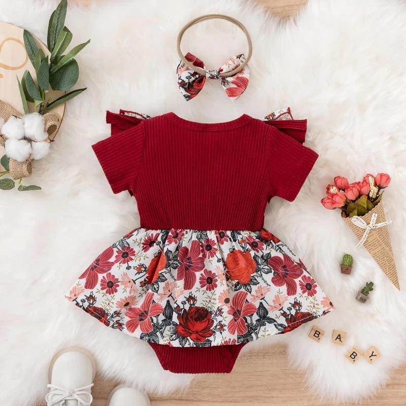 Girls' red jumpsuit dress with front bow - floral and striped print for summer.