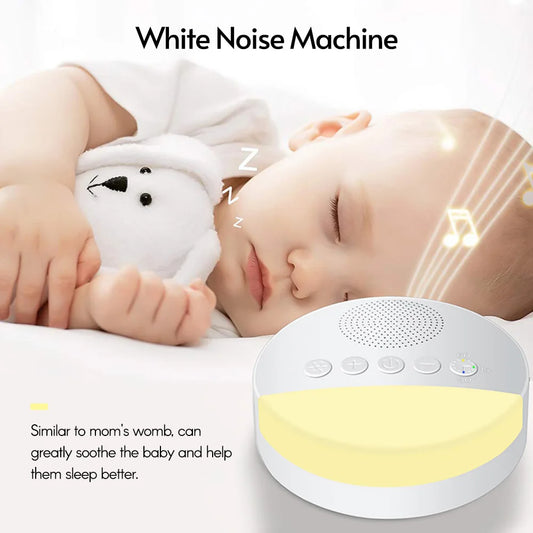 Baby sound machine with white noise and soft night light - portable for travel.
