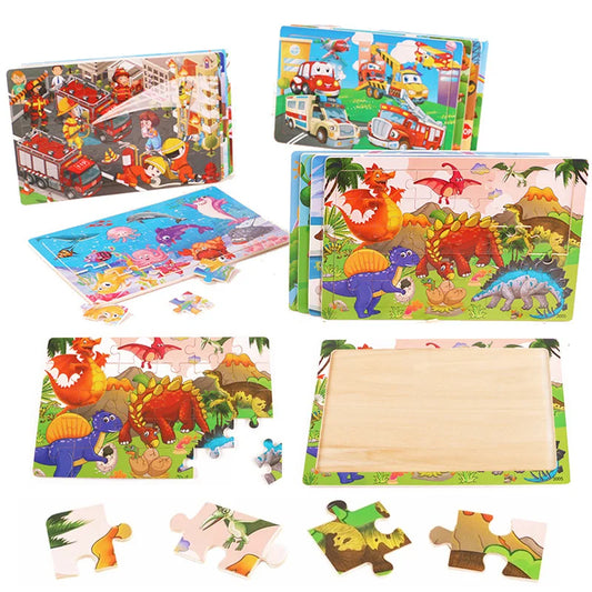 Wooden tangram puzzle - 30 colorful pieces, animal and vehicle shapes.