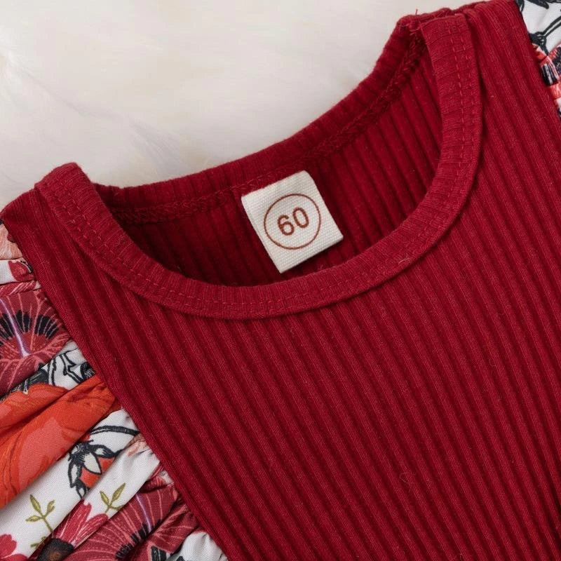 Girls' red jumpsuit dress with front bow - floral and striped print for summer.