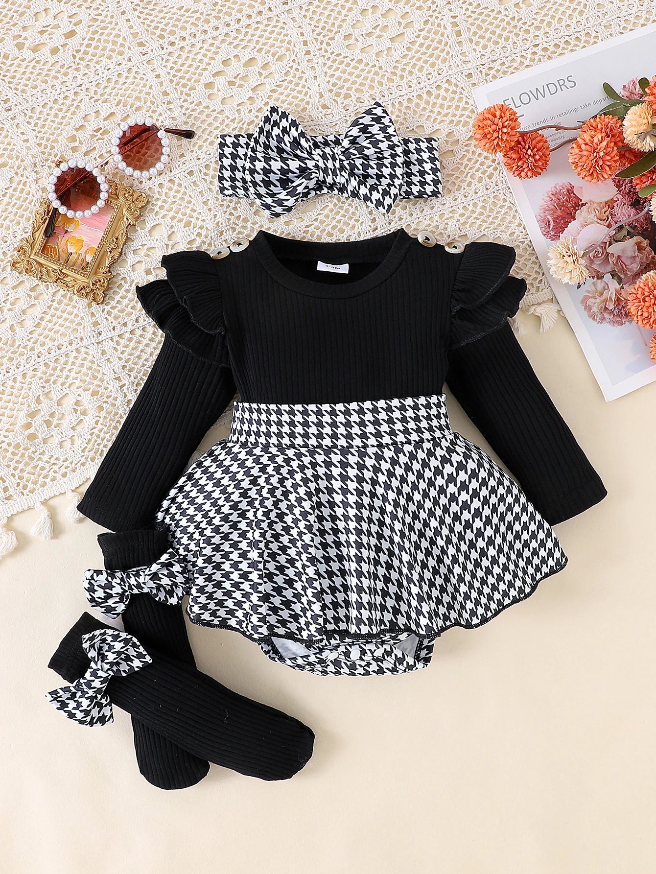 Newborn Girl's 3-Piece Autumn Set | Cosy Top & Houndstooth Skirt with Hairband 0-3 Months
