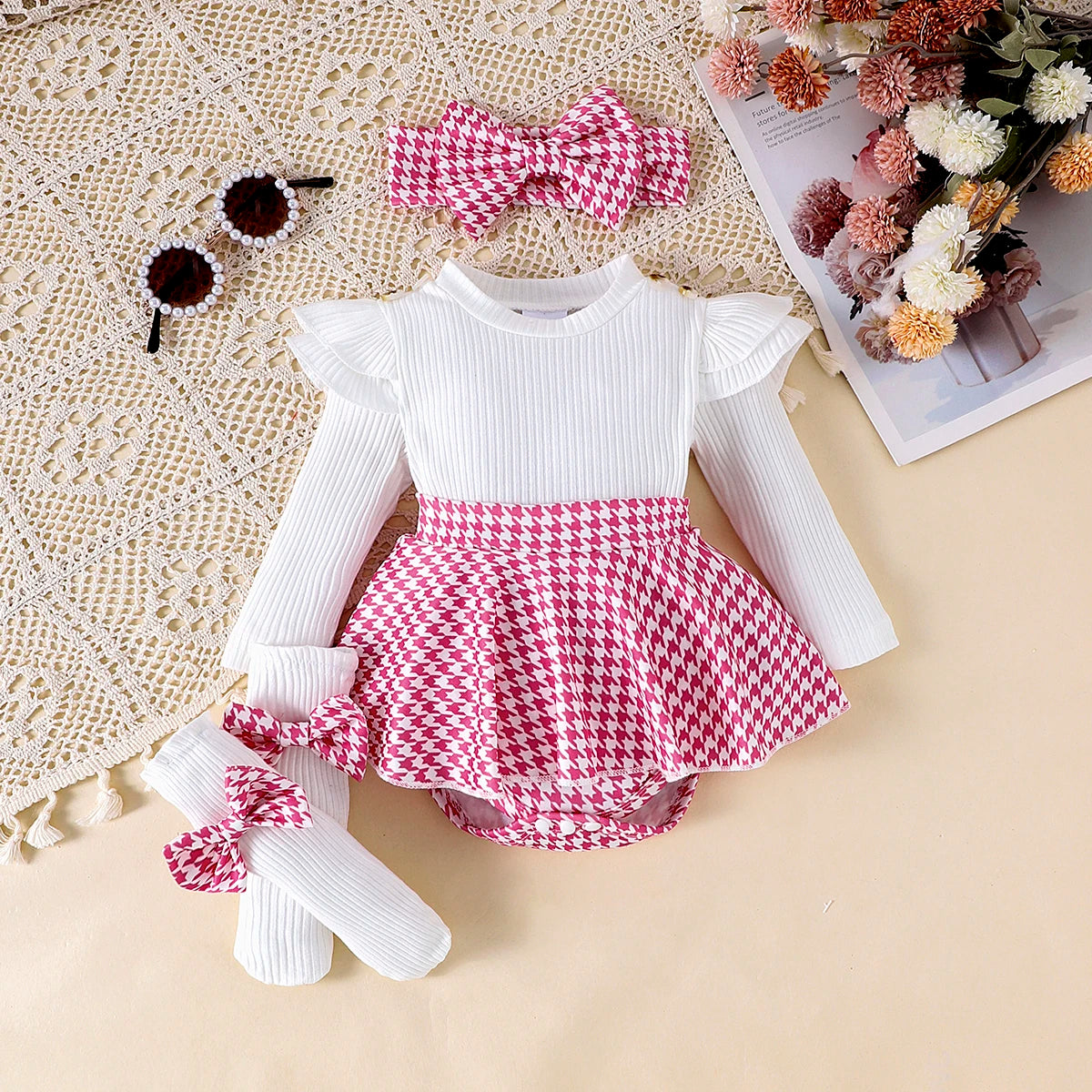 Newborn Girl's 3-Piece Autumn Set | Cosy Top & Houndstooth Skirt with Hairband 0-3 Months