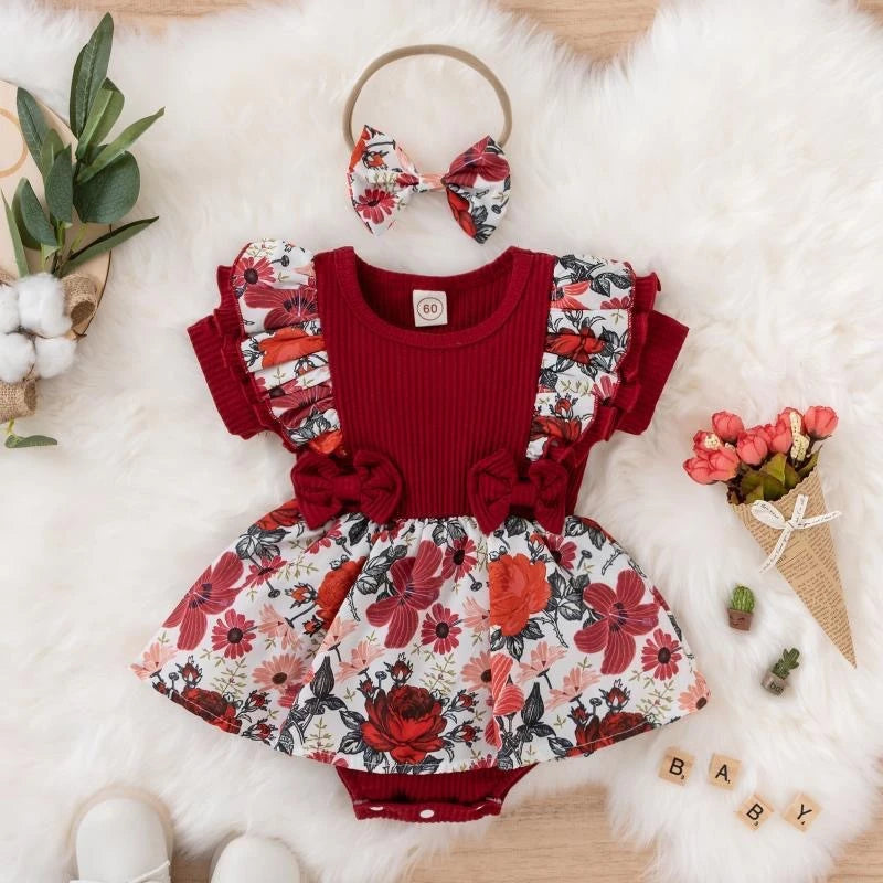 Girls' red jumpsuit dress with front bow - floral and striped print for summer.