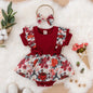Girls' red jumpsuit dress with front bow - floral and striped print for summer.